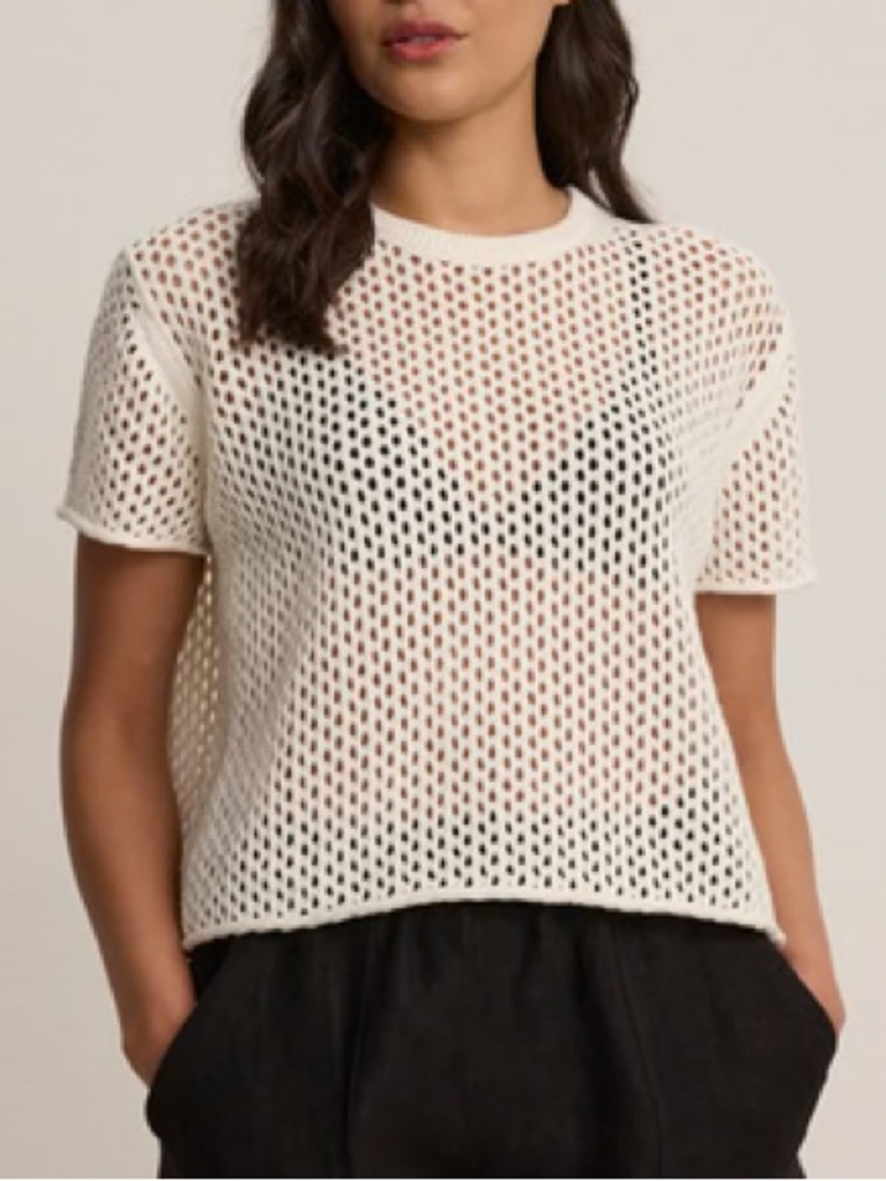Stitch & Needle Cashmere Cream Open Knit Weave Short Sleeve Top Crochet Sz Small